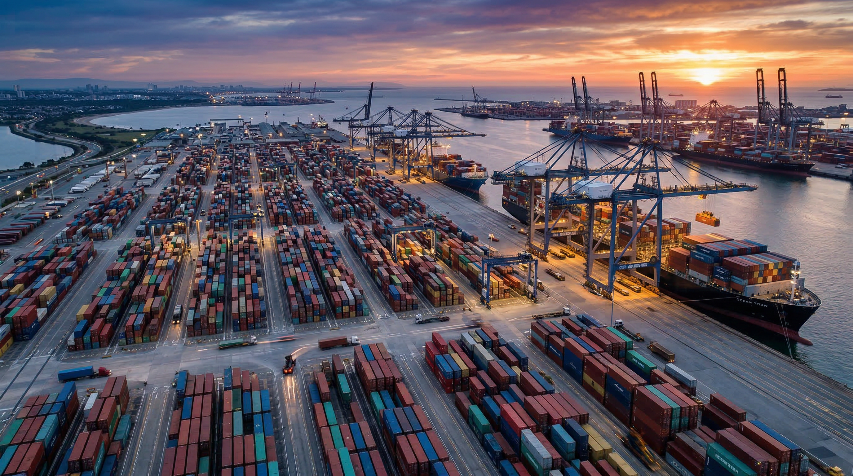 Aerial view of a busy container port terminal at sunset